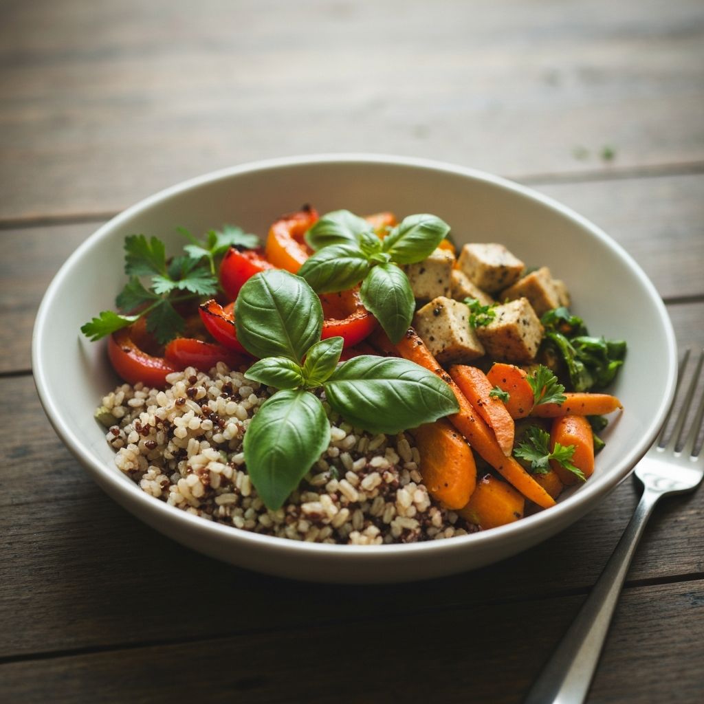 Buddha bowl with whole grains, roasted vegetables, and protein